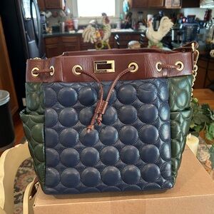 Elegant Quilted Leather Bucket Bag - Blue and Green , like New